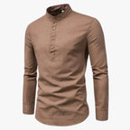 Camisa de algodón y lino para hombre con cuello coreano holgado