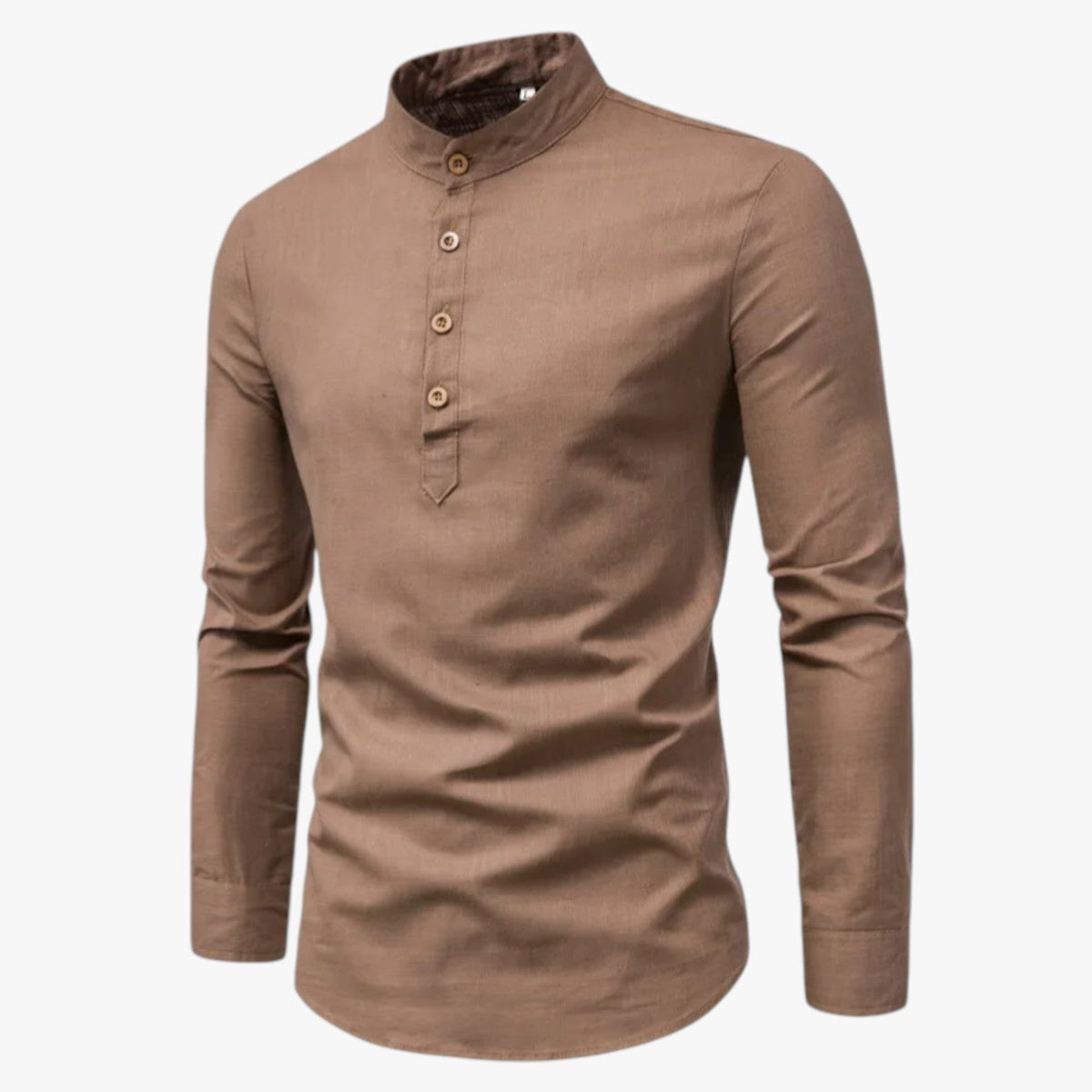 Camisa de algodón y lino para hombre con cuello coreano holgado