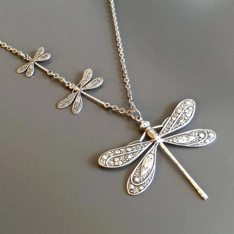 Vintage-Style Dragonfly Station Necklace in Silver Colour