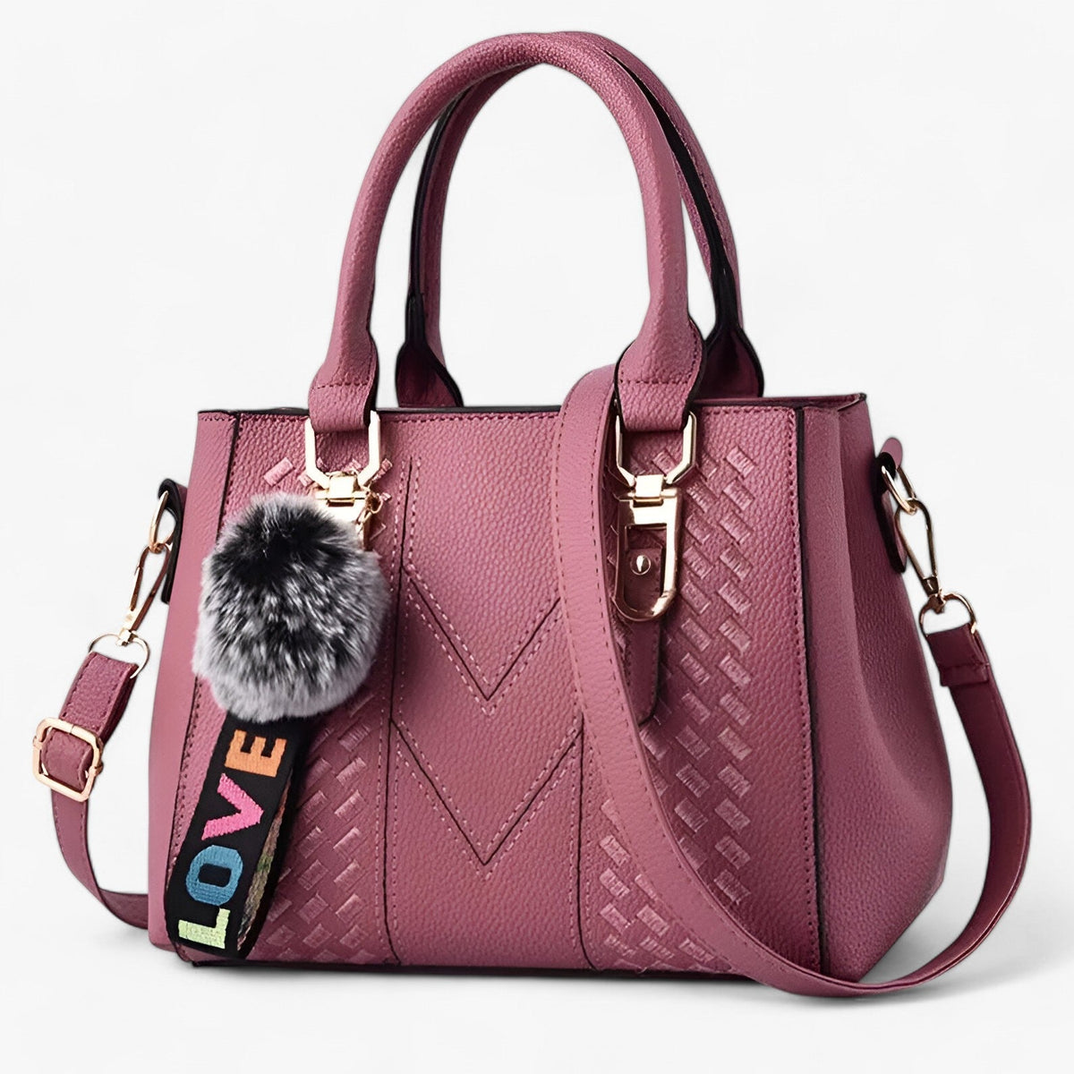 Faux Leather Messenger Bag with Pompon Detail