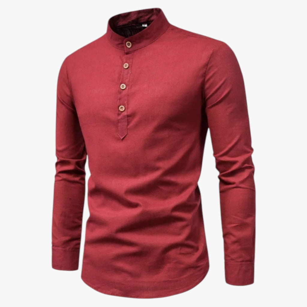 Camisa de algodón y lino para hombre con cuello coreano holgado