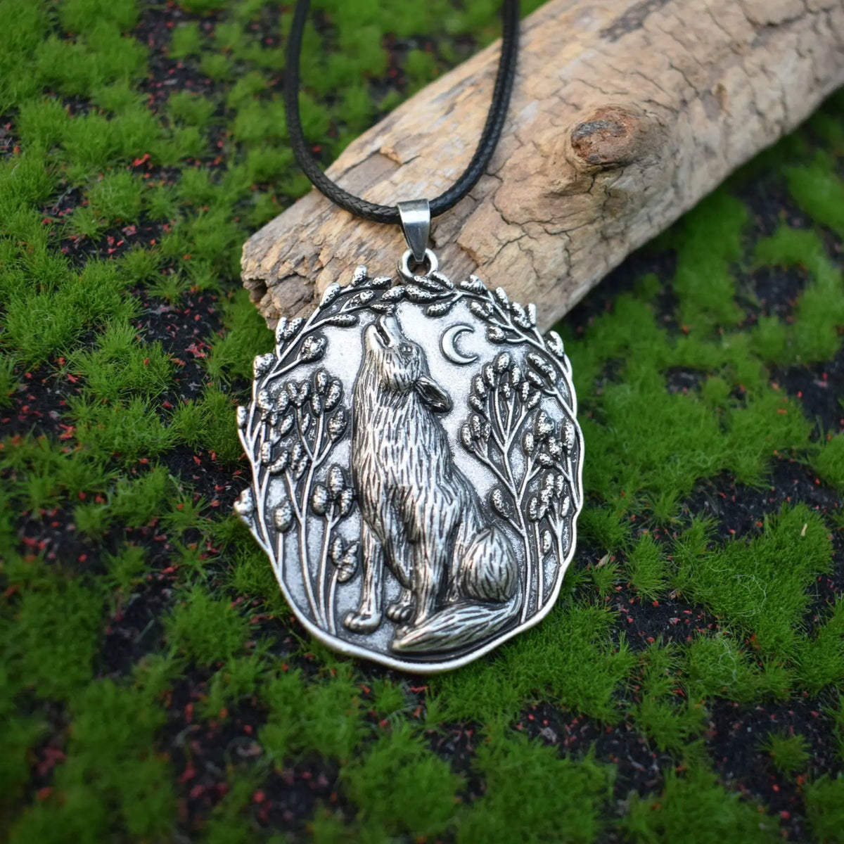 Moon and Wolf Pendant Necklace with Wild Spirit and Night Sky Feel