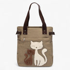 Canvasväska med broderat kattmotiv och dubbla handtag