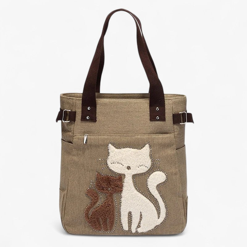 Embroidered Cat Motif Canvas Bag with Double Handles