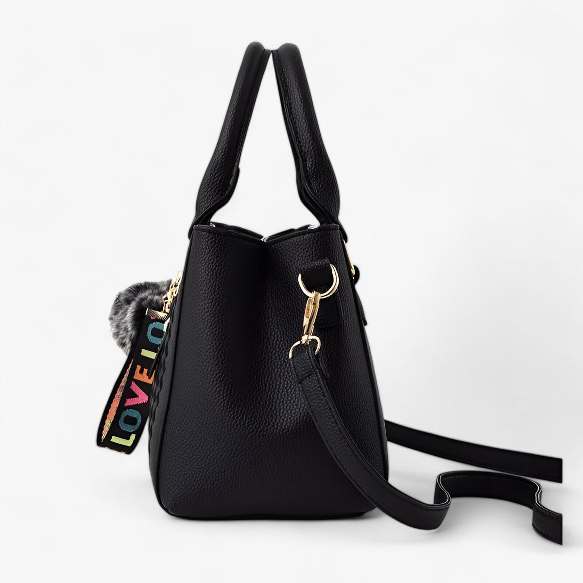 Faux Leather Messenger Bag with Pompon Detail