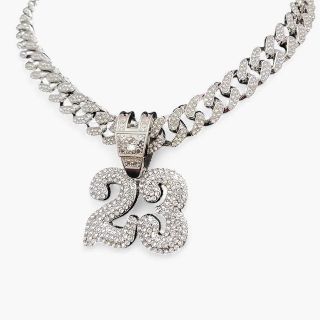 Herrhalsband med hänge nummer 23 och kristalldetaljer