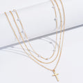 Triple-Layer Faux Pearl Cross Necklace in Gold Colour