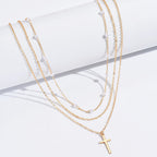 Triple-Layer Faux Pearl Cross Necklace in Gold Colour