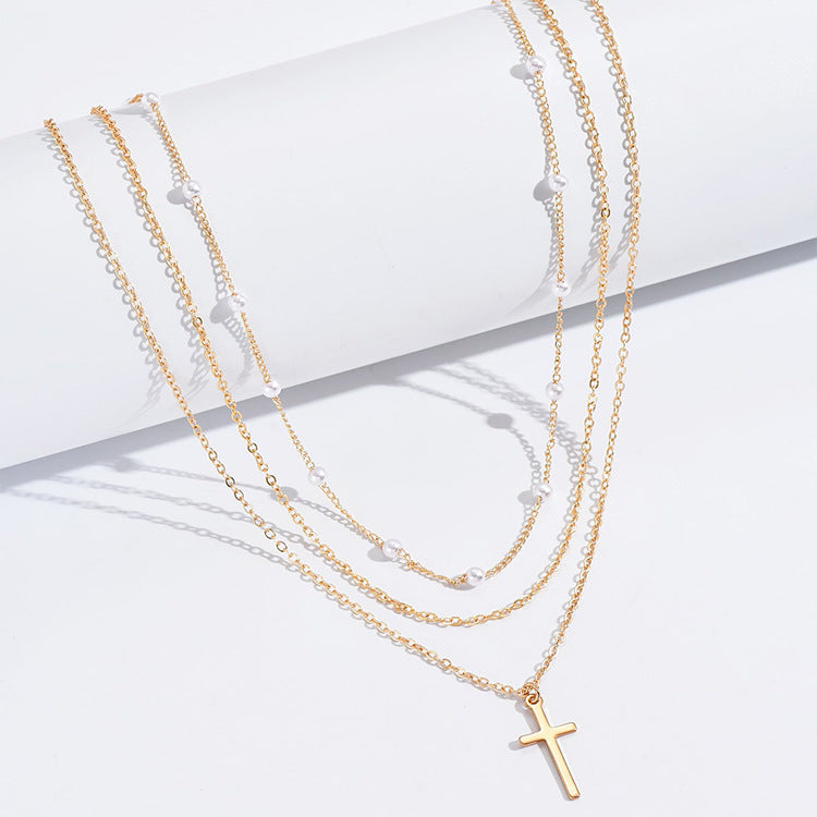 Triple-Layer Faux Pearl Cross Necklace in Gold Colour