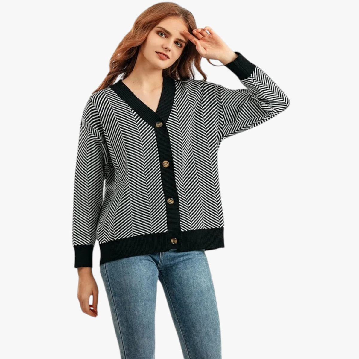 Lightweight Knitted V-Neck Cardigan with Contrast Stripes