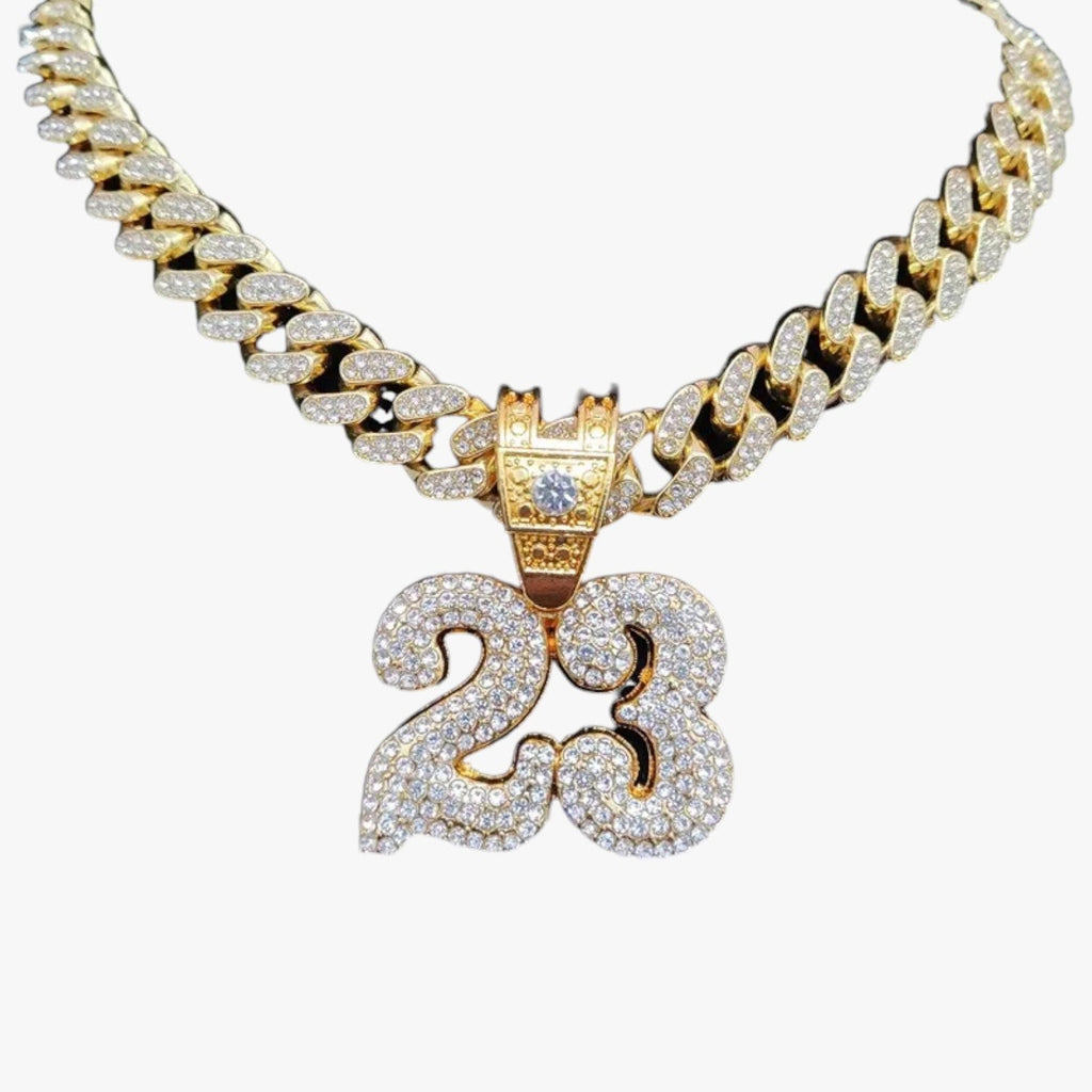 Herrhalsband med hänge nummer 23 och kristalldetaljer