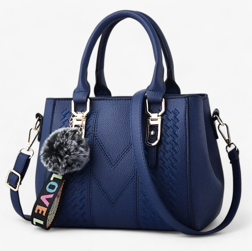 Faux Leather Messenger Bag with Pompon Detail
