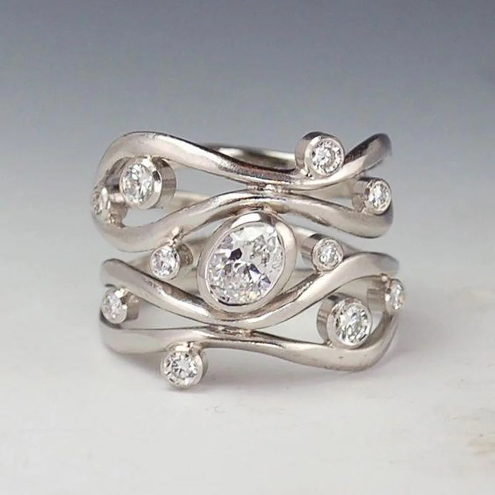 Vintage-Style Inlaid Zirconia Ring with Flush Setting in Silver Colour