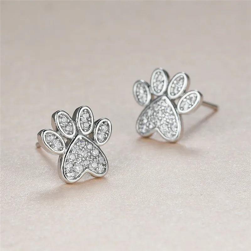 White Zirconia Heart Paw Stud Earrings for Pet Lovers
