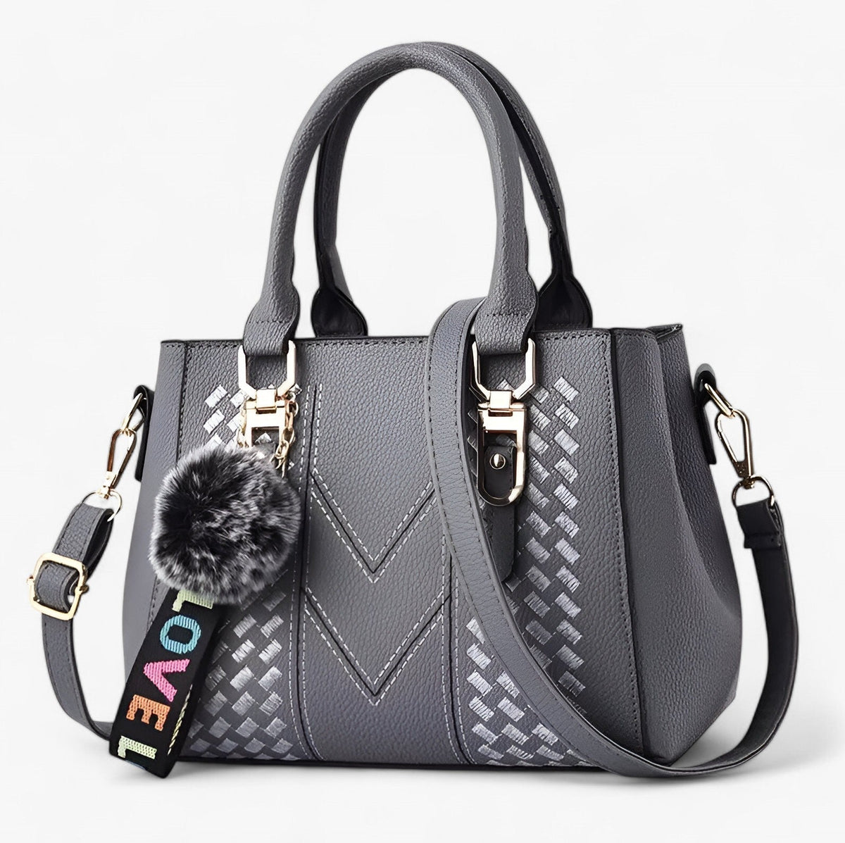 Faux Leather Messenger Bag with Pompon Detail