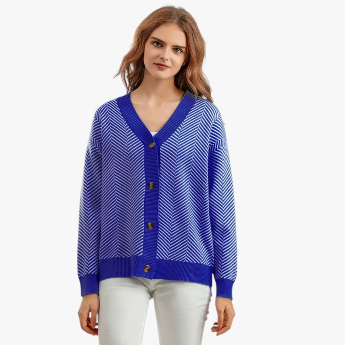 Lightweight Knitted V-Neck Cardigan with Contrast Stripes