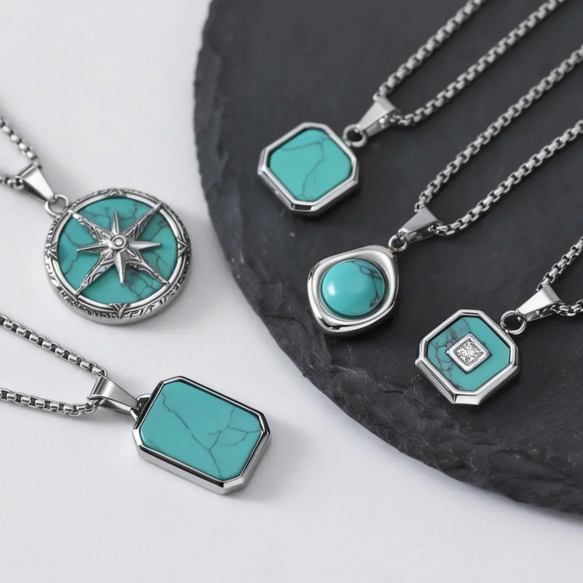 Blue-Green Stone Pendant Necklace Set for Layering
