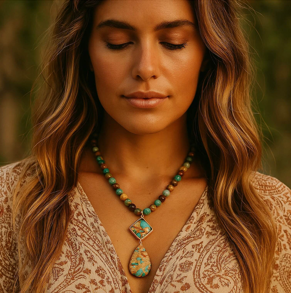 Multicolour Patterned Stone Pendant Necklace with Earthy Bands