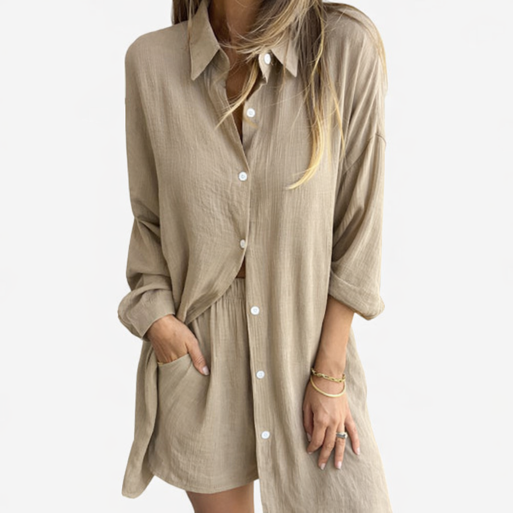 Conjunto de blusa de manga larga y pantalones cortos en lino y algodón