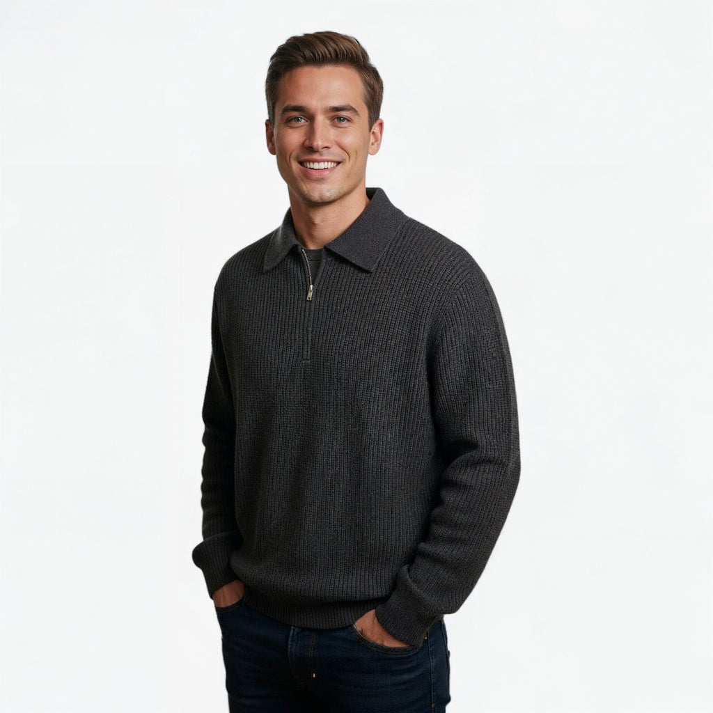 Half-Zip Knitted Sweater with Adjustable Collar for Layering