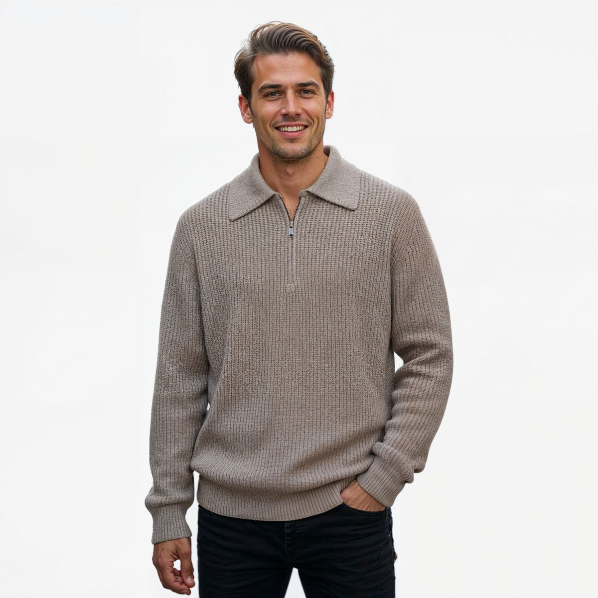 Half-Zip Knitted Sweater with Adjustable Collar for Layering