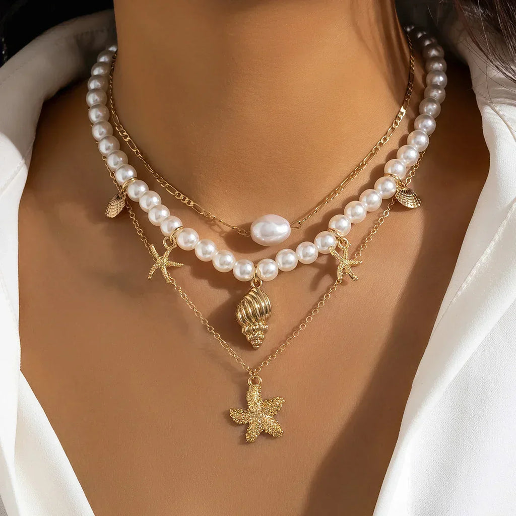 Starfish and Faux Pearl Choker Necklace with Beach Charm