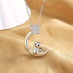 Cat, Moon and Star Pendant Necklace in Silver Colour