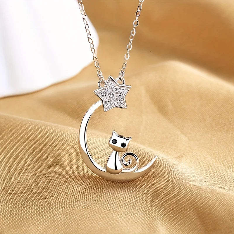 Cat, Moon and Star Pendant Necklace in Silver Colour