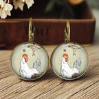 Animal Glass Dome Earrings in Fox, Cat or Chicken Designs