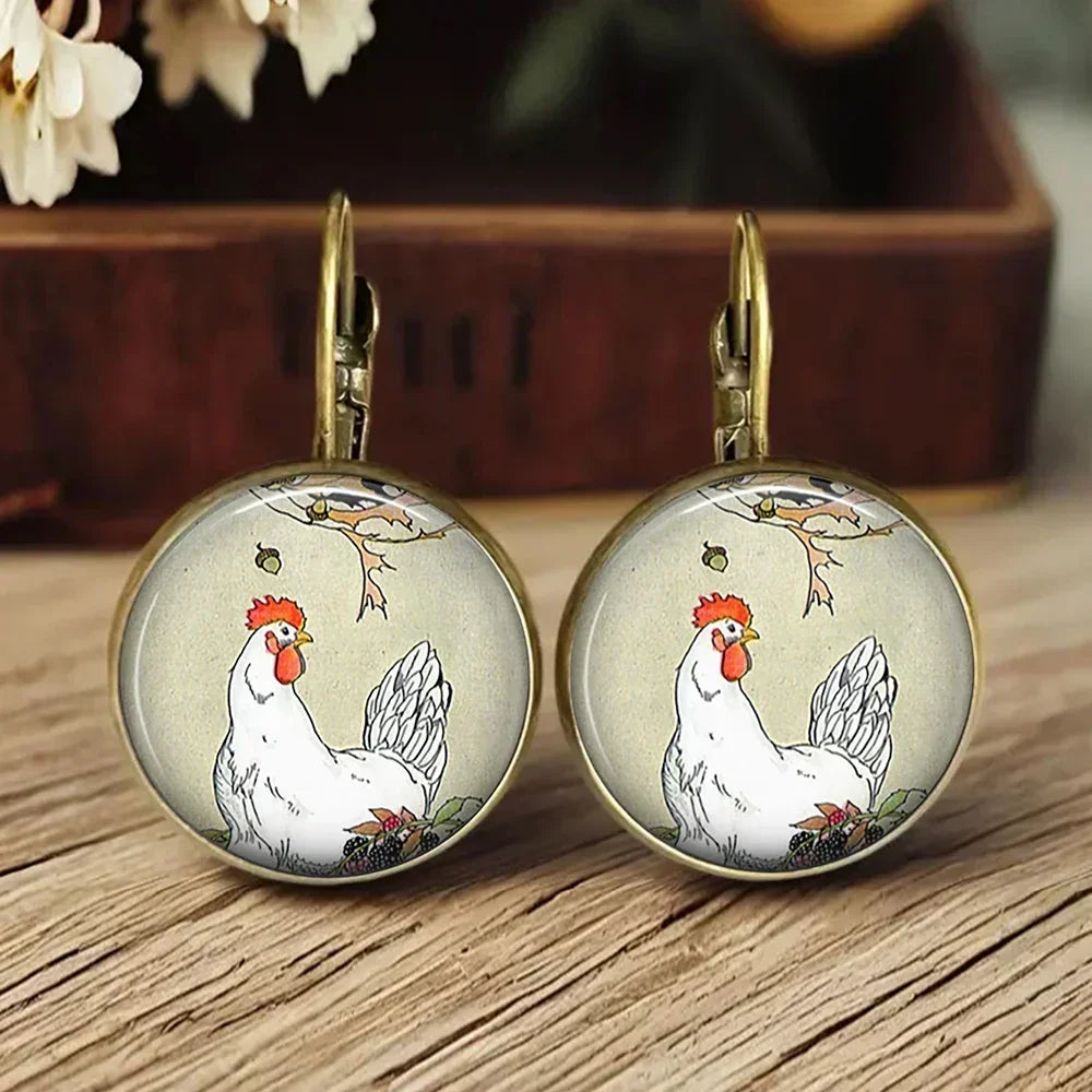 Animal Glass Dome Earrings in Fox, Cat or Chicken Designs