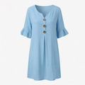Breezy Midi Dress with Front Pleat and Wood Buttons