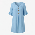 Breezy Midi Dress with Front Pleat and Wood Buttons