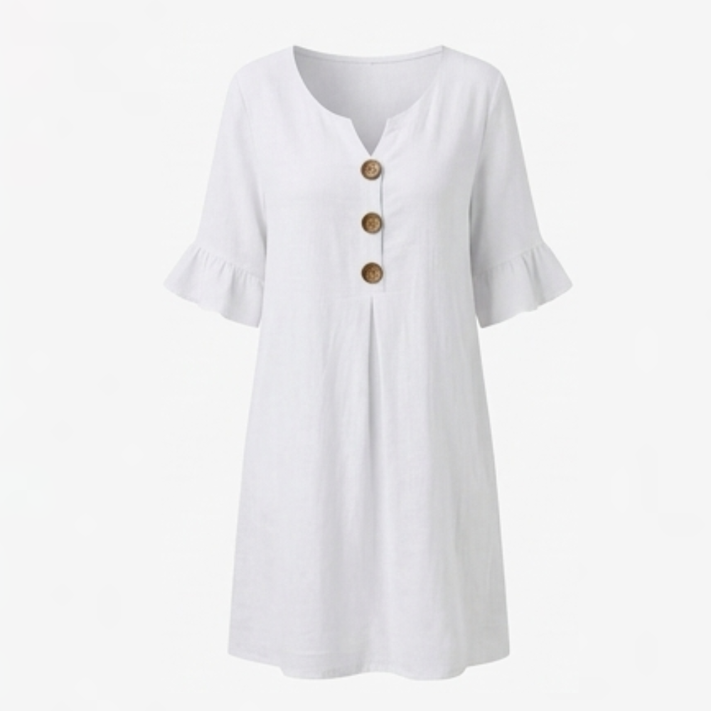 Breezy Midi Dress with Front Pleat and Wood Buttons