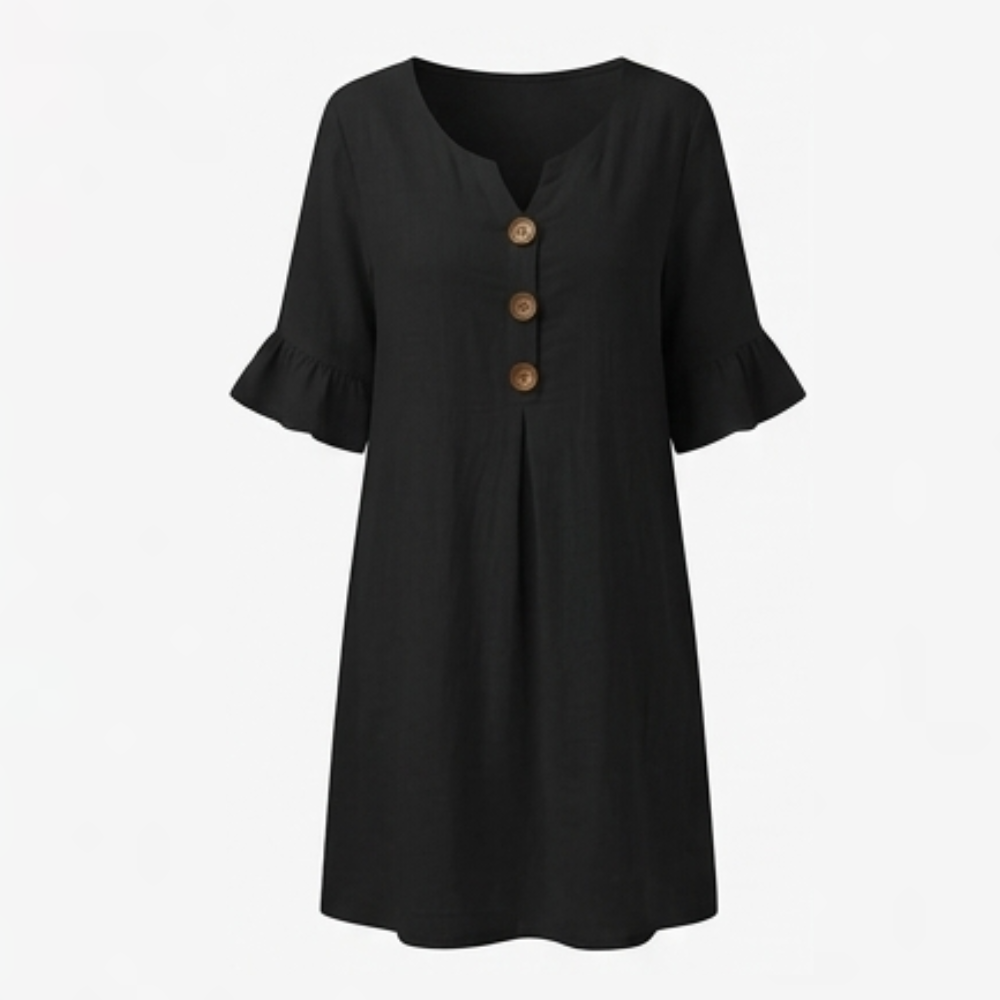 Breezy Midi Dress with Front Pleat and Wood Buttons
