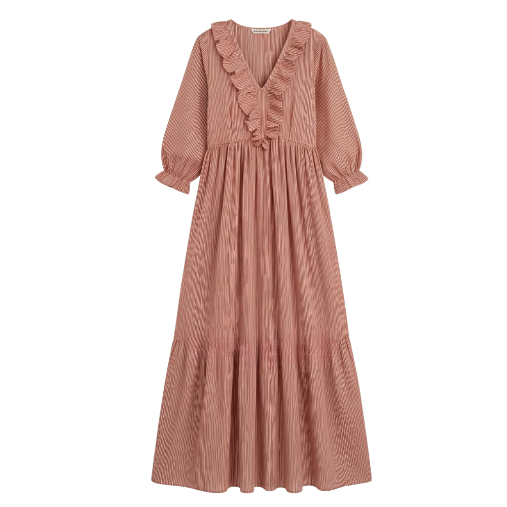 Striped Maxi Dress with Ruffled V-Neck and Puff Sleeves