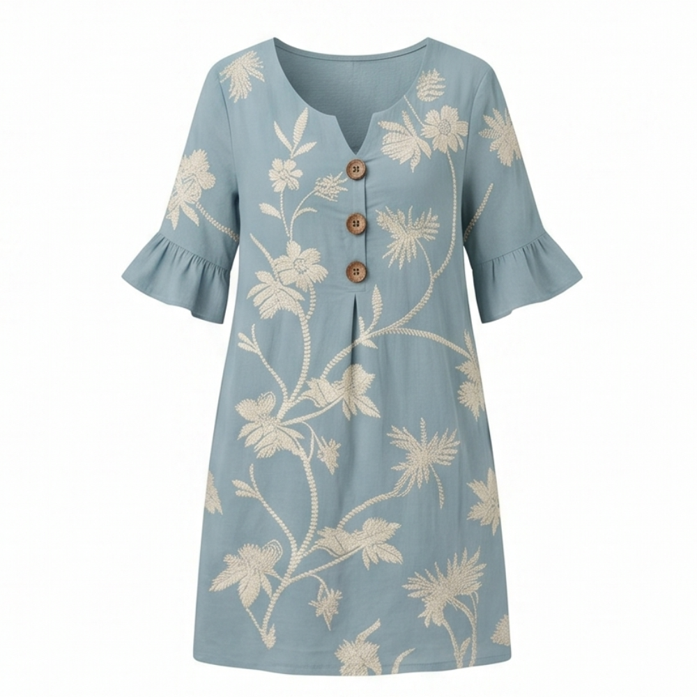 Vestido midi floral bordado con mangas de volante