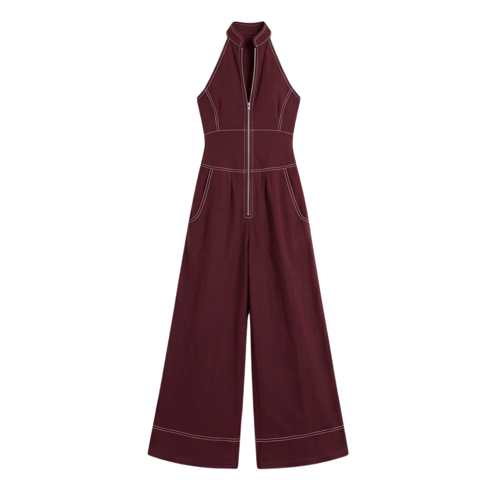 Halter Neck Jumpsuit with Panelled Seams and Wide Leg
