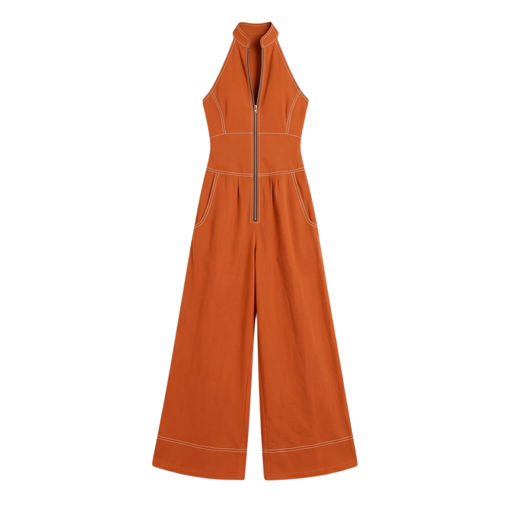Halter Neck Jumpsuit with Panelled Seams and Wide Leg