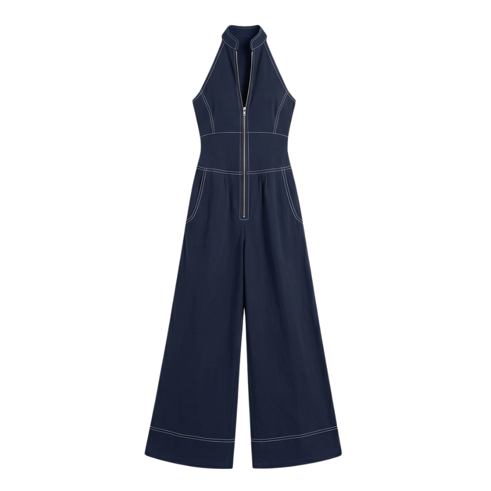 Halter Neck Jumpsuit with Panelled Seams and Wide Leg