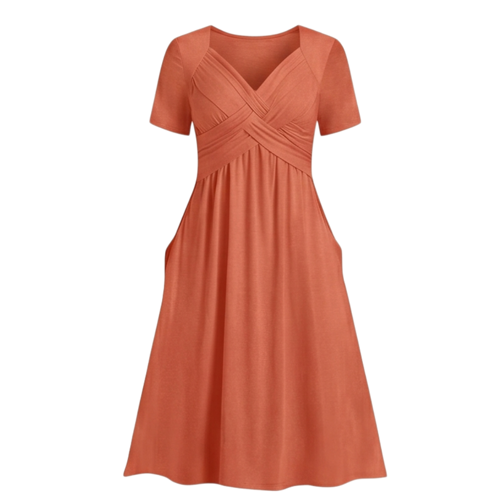 Crossover V-Neck Midi Dress with Pockets