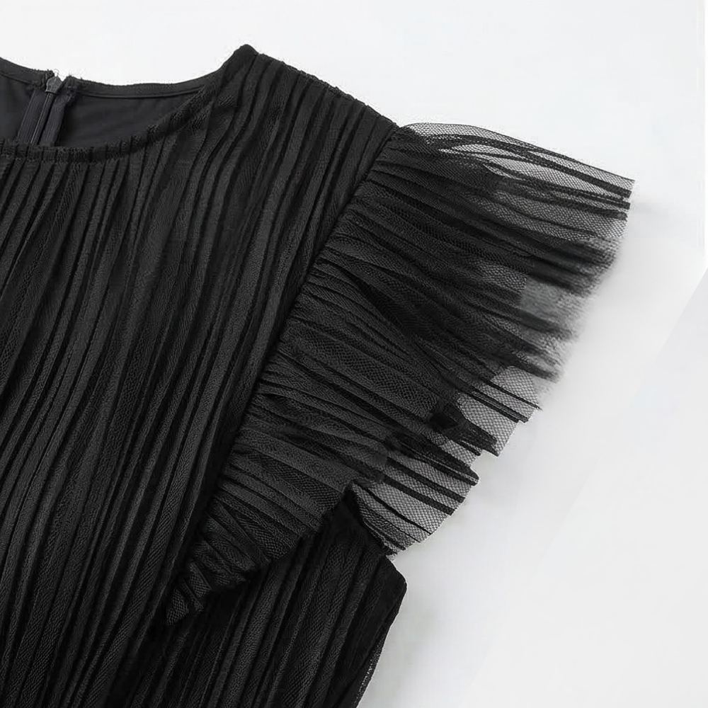 Pleated Tulle Midi Dress with Flutter Sleeves