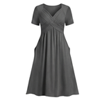 Crossover V-Neck Midi Dress with Pockets
