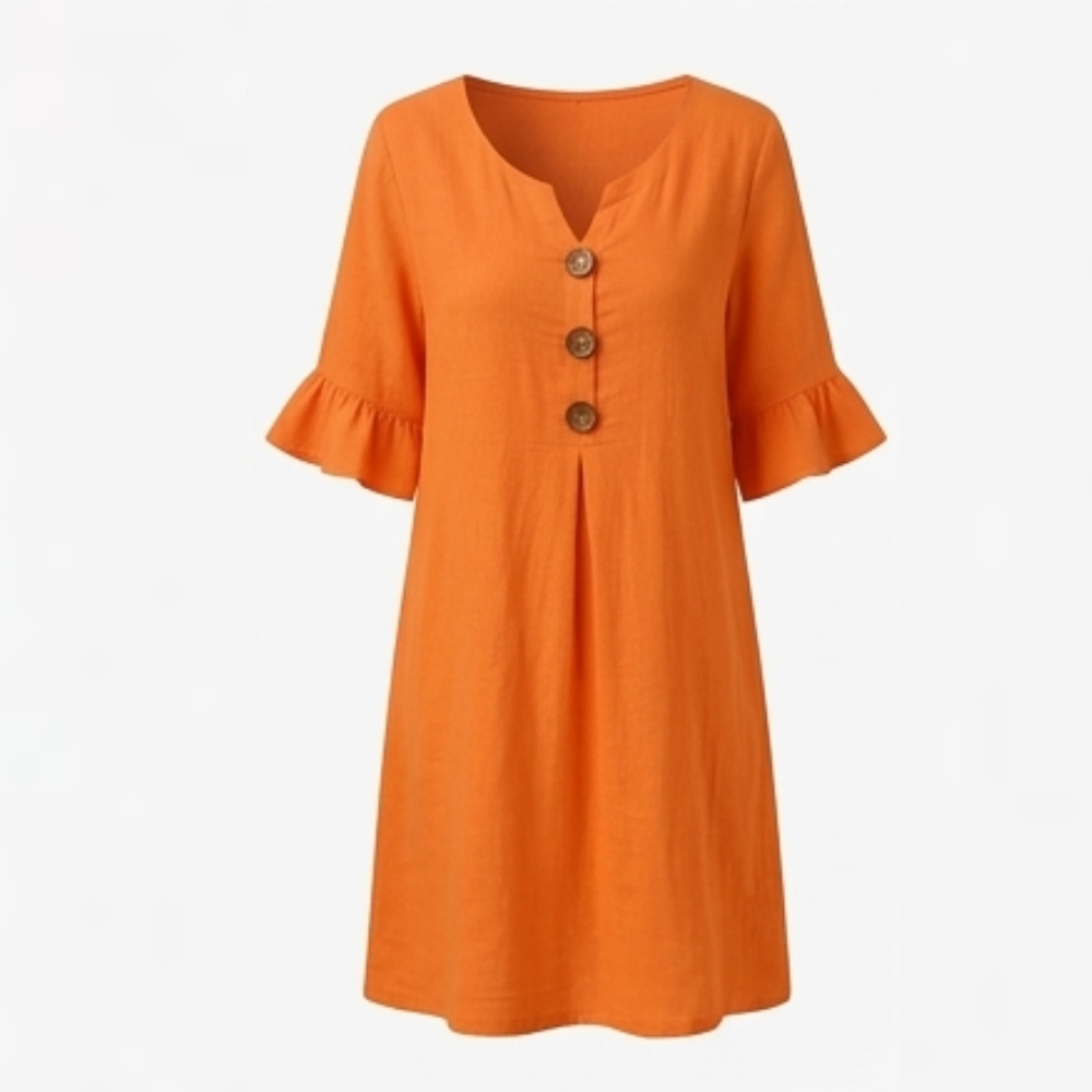 Breezy Midi Dress with Front Pleat and Wood Buttons