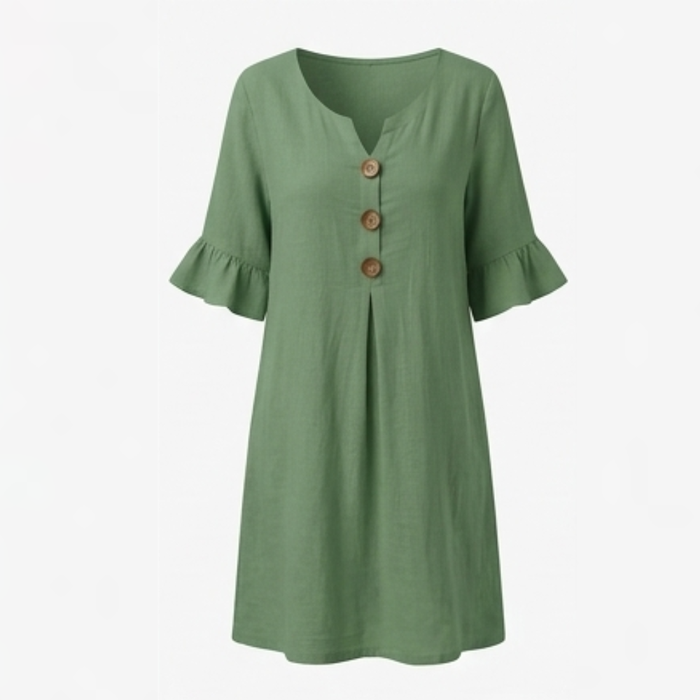 Breezy Midi Dress with Front Pleat and Wood Buttons