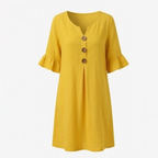 Breezy Midi Dress with Front Pleat and Wood Buttons