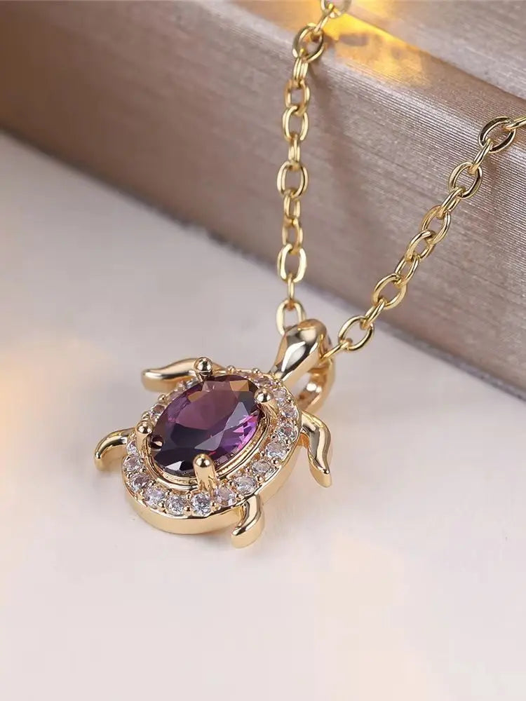 Purple Crystal Turtle Pendant Necklace with Sparkling Shell