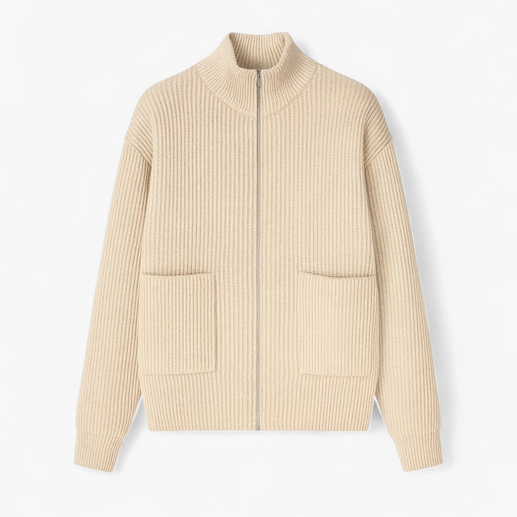 Full-Zip Knit Sweater with Stand Collar and Pockets