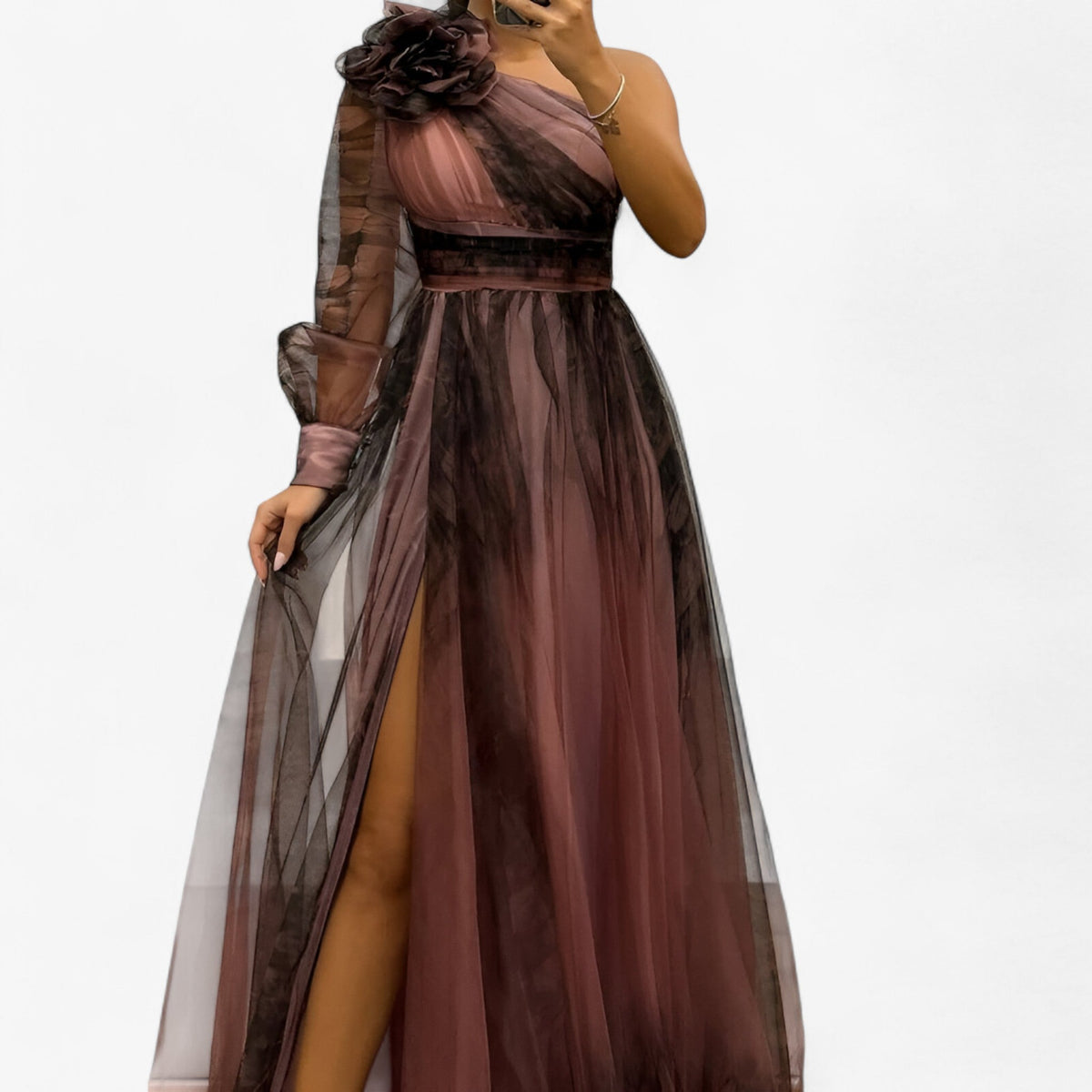 Asymmetric One-Shoulder Mesh Overlay Maxi Dress