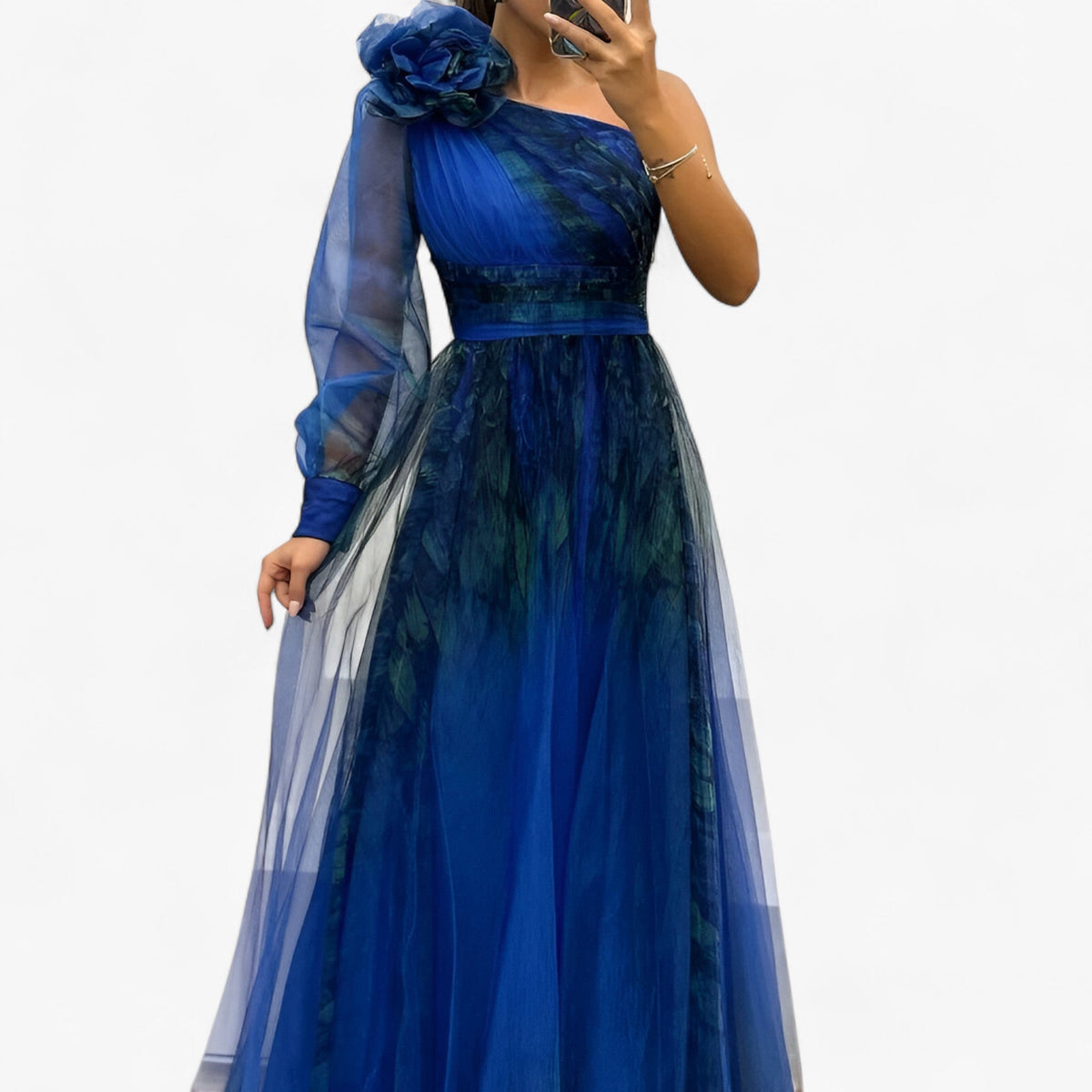 Asymmetric One-Shoulder Mesh Overlay Maxi Dress