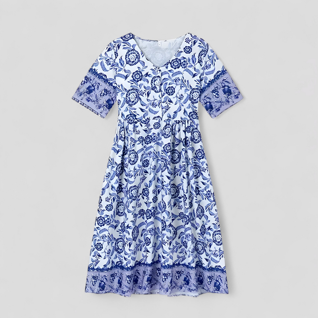 Vestido de verano floral con cuello de pico y tejido transpirable antiarrugas